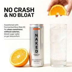NAKED Sparkling Energy orange can poured into a glass for a quick lift