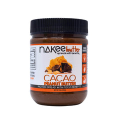 Nakee Butter Focus cacao peanut butter jar label highlighting gluten-free, high-protein nutrition.