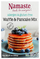 Namaste Foods gluten-free mix box with six-pack packaging for family breakfasts.