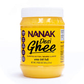 Nanak Desi Ghee jar with pour spout, ideal for dairy-free cooking.