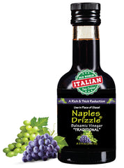 Naples Drizzle Traditional Balsamic Reduction bottle with a glossy glaze for finishing dishes.
