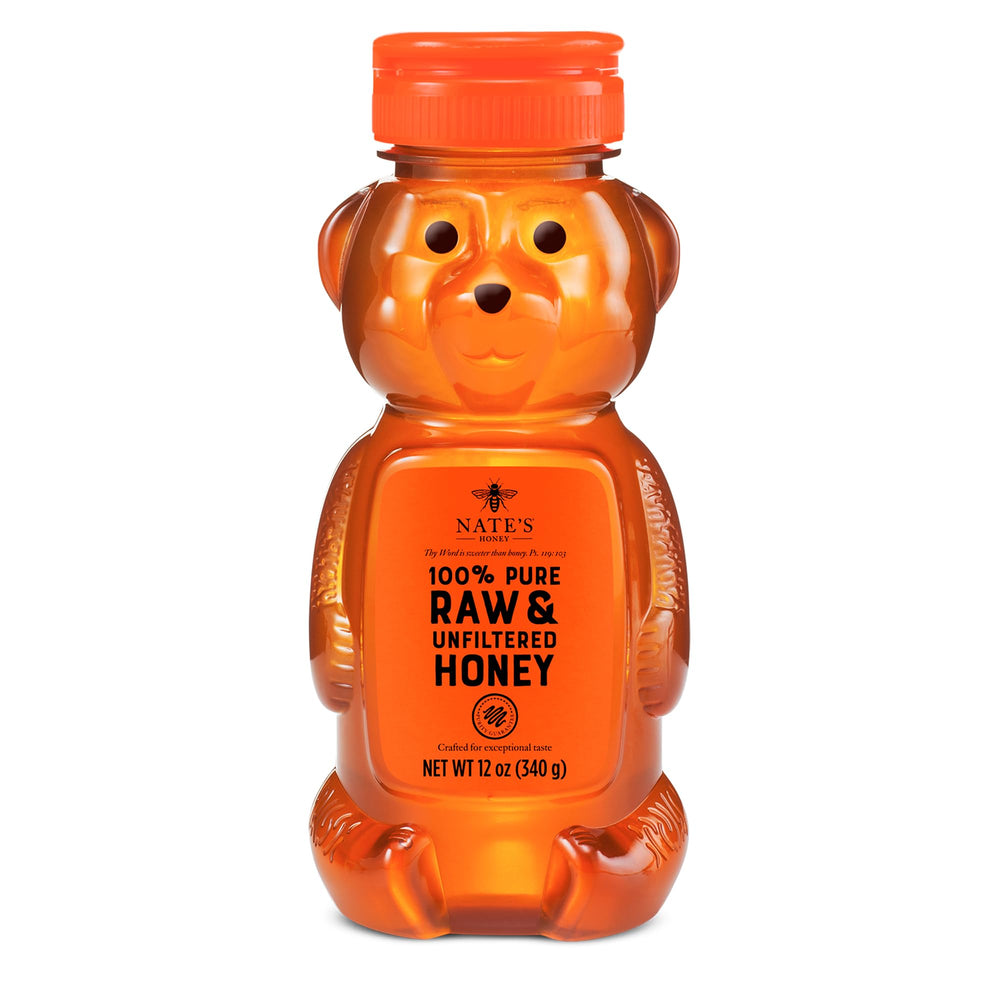 Nate's Honey bottle pour showing pourable, pure sweetness for tea and yogurt.