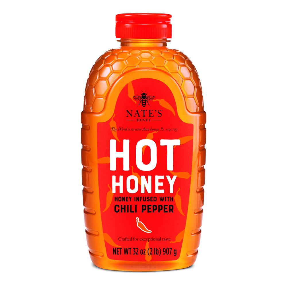 Nate's Hot Honey bottle pours a spicy-sweet drizzle for pizza.