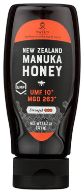Nate's Honey Manuka 263 MGO bottle closeup for premium flavor in daily beverages.