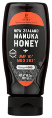 Nate's Honey Manuka 263 MGO bottle closeup for premium flavor in daily beverages.