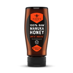 Nate's Manuka honey bottle close-up; may support digestive balance.