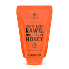 Nate's Honey in a no-drip squeeze pouch for mess-free dispensing.