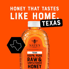 Nate's Honey Texas raw unfiltered jar close-up reveals pollen specks for natural flavor