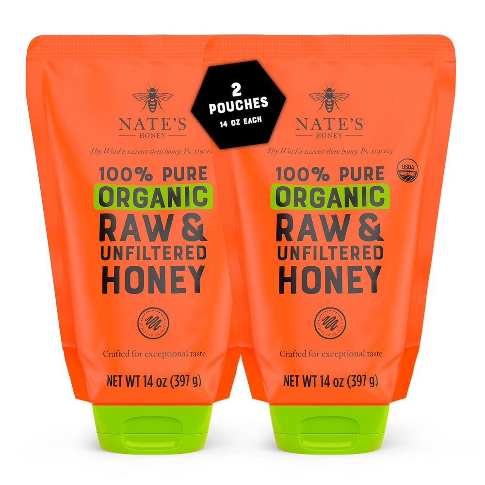 Nate's Honey two-pack standup pouches showing sustainability and easy storage benefits.