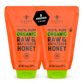 Nate's Honey two-pack standup pouches showing sustainability and easy storage benefits.