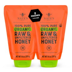 Nate's Honey two-pack standup pouches showing sustainability and easy storage benefits.
