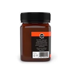 Close-up of the UMF badge on Nate's Manuka Honey label.