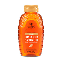 Nate's Vanilla Honey bottle pours over brunch pancakes for a warm, subtle sweetness.
