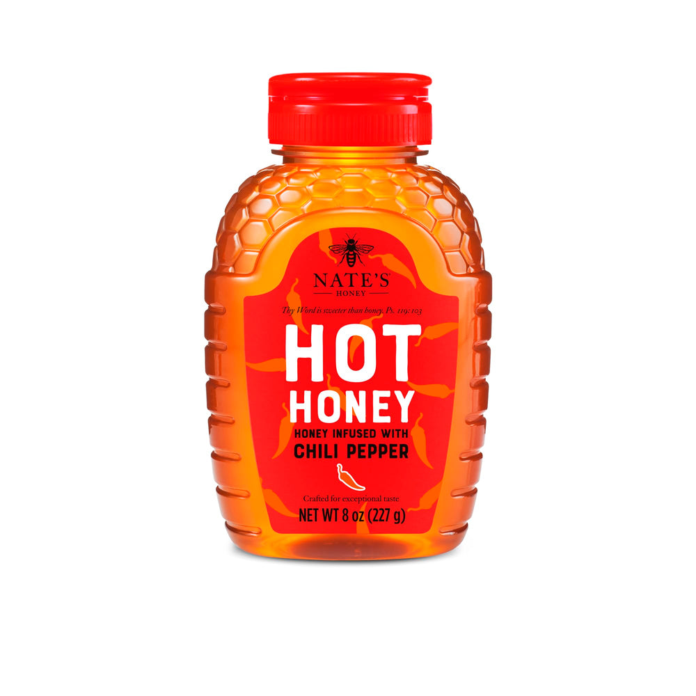 Nate's Hot Honey bottle pour enhances pizzas, cocktails, and drizzle flavor.