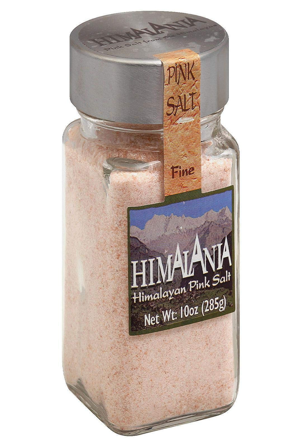 Natierra Himalania pink salt jar front label view shows fine granules for easy seasoning