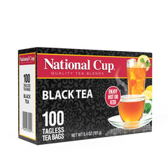 National Cup Black Tea display showing 3-pack and convenient tagless bags