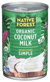 Native Forest coconut milk unsweetened can, dairy-free staple for creamy soups and curries.