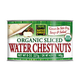 Native Forest Organic Sliced Water Chestnuts in a can front, crisp and ready to use.