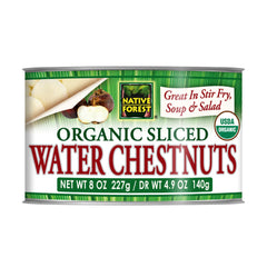Native Forest Organic Sliced Water Chestnuts in a can front, crisp and ready to use.