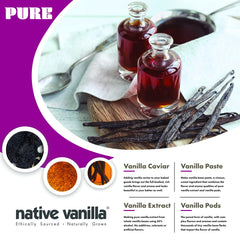 Native Vanilla Grade B beans close-up showing long 4-6 inch pods with rich caramel notes.