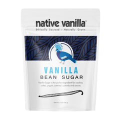 Native Vanilla Organic Vanilla Bean Sugar in a jar for rich baking flavor.