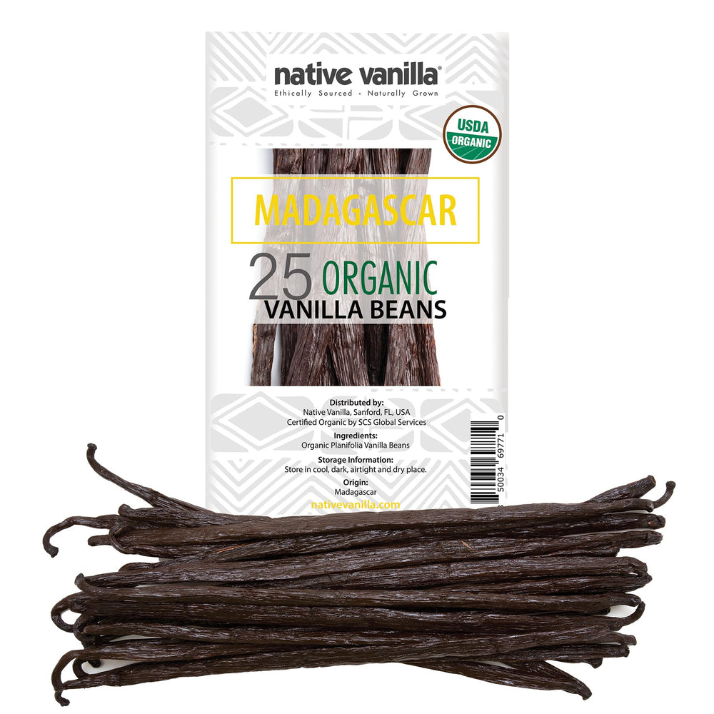 Native Vanilla Madagascar vanilla beans closeup showing rich seeds for baking