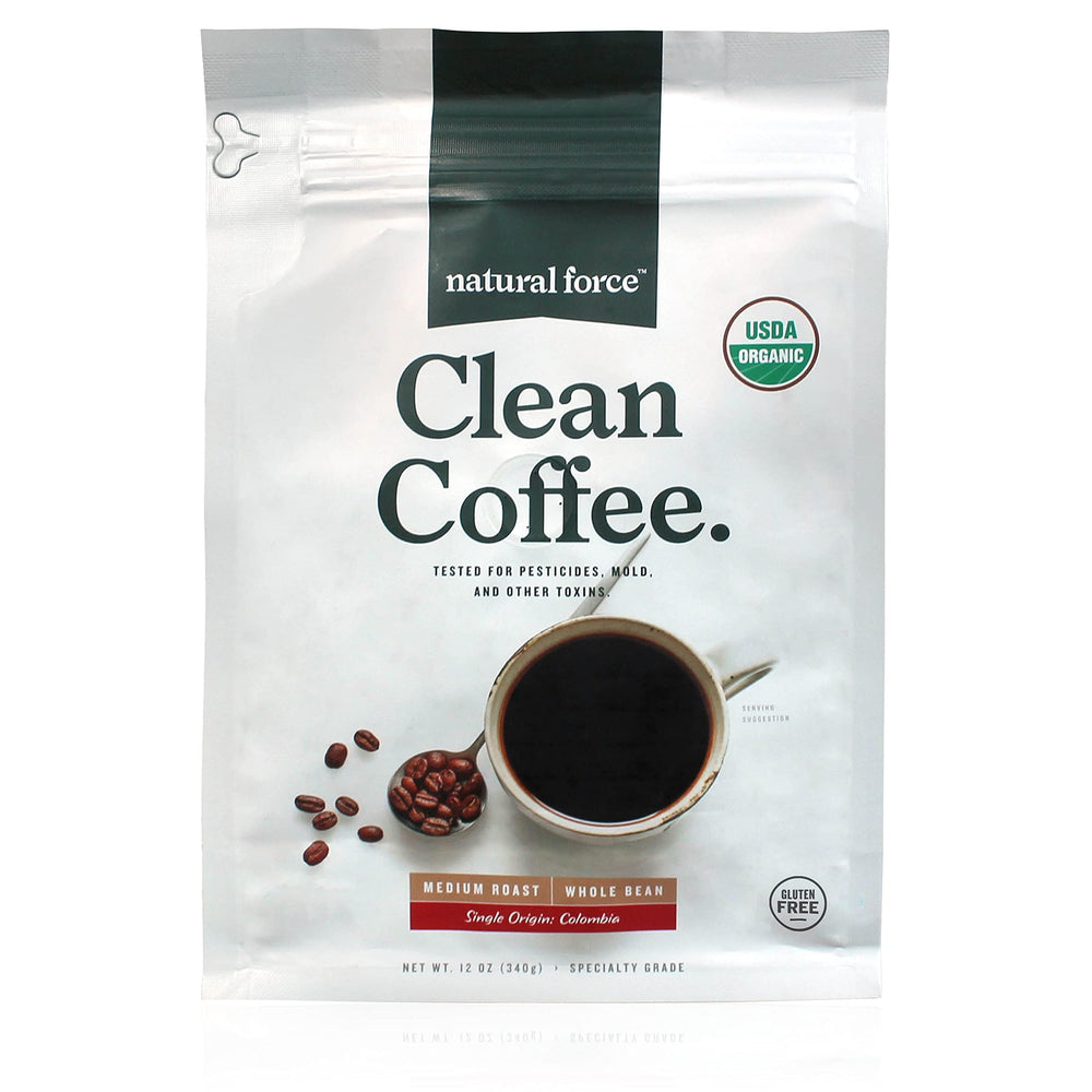 Natural Force Clean Coffee bag displaying toxin-free whole bean freshness