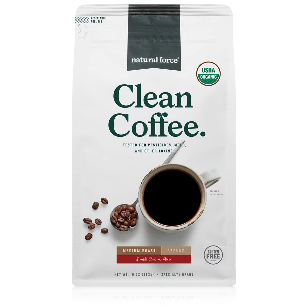 Natural Force Organic Clean Coffee ground bag with rich aroma and toxin-free promise.