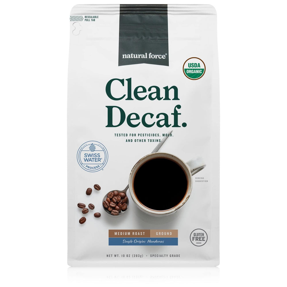 Natural Force Clean Decaf Coffee bag ready for home brewing with toxin-free promise.