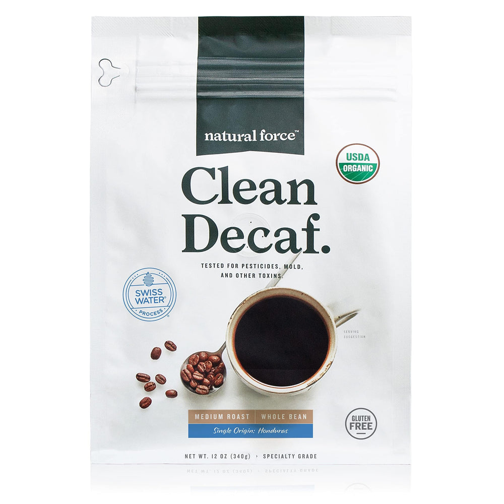 Natural Force Clean Decaf coffee beans ready to grind for toxin-free mornings.