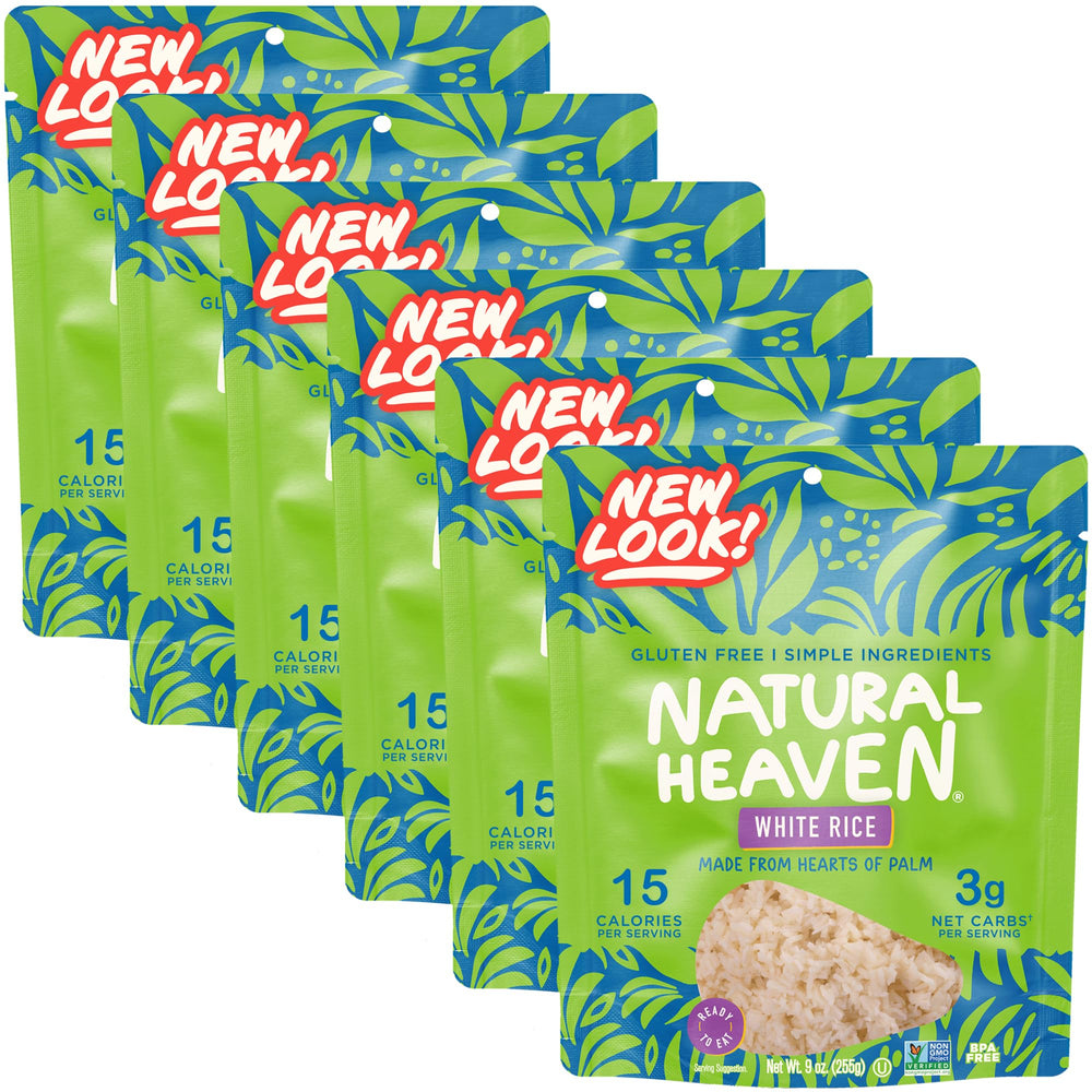 Natural Heaven white rice with hearts of palm packaging showing a 6-pack ready-to-eat option