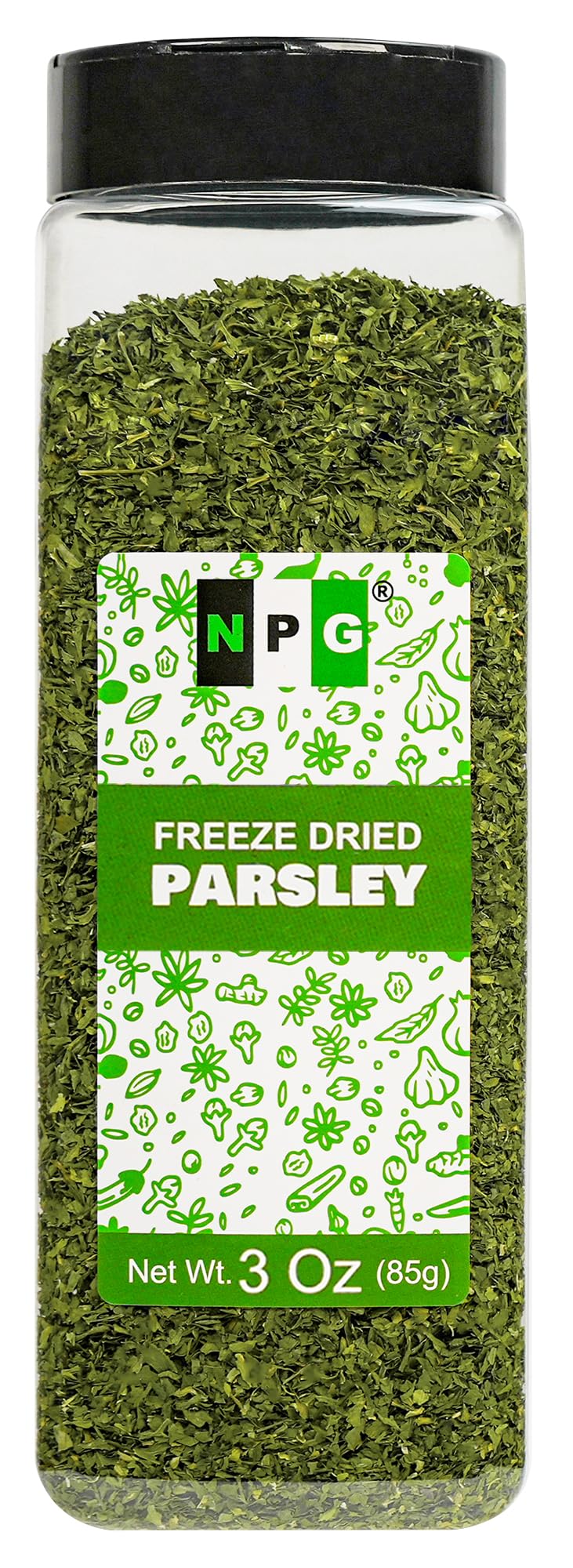 Natural Plus Green NPG freeze-dried parsley flakes in jar, vibrant herb ideal for cooking