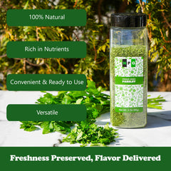 Natural Plus Green NPG parsley flakes bottle top view, convenient seasoning for home chefs