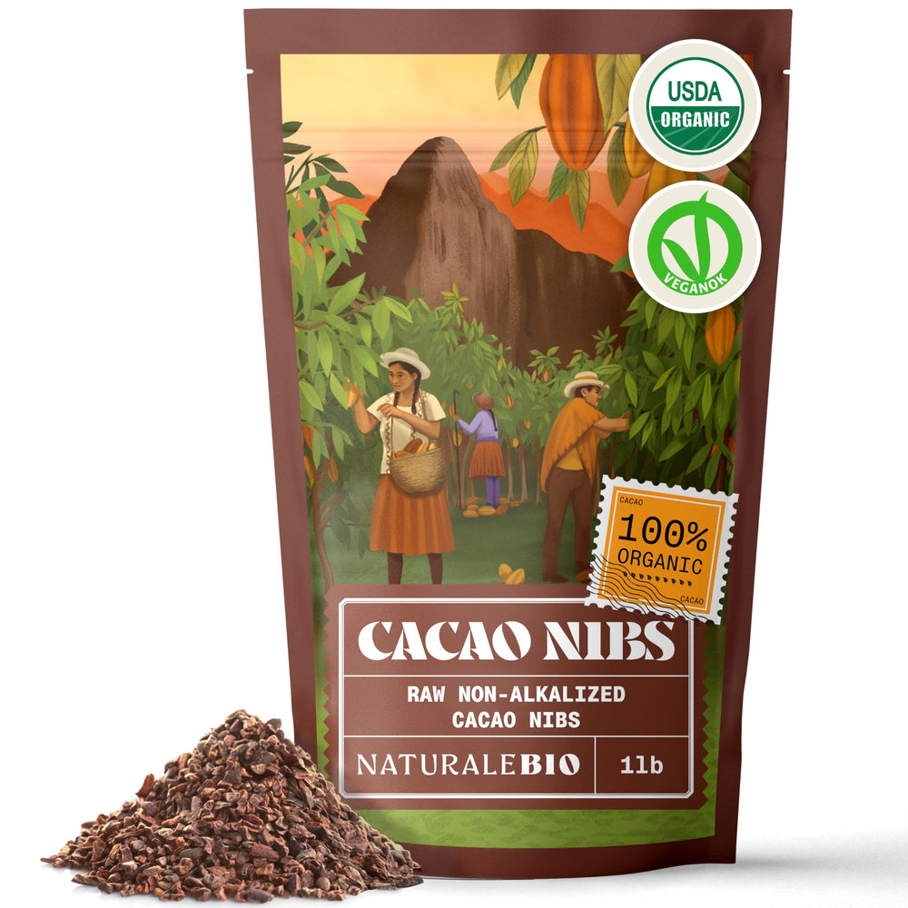 NaturaleBio cacao nibs organic 1lb bag with earthy aroma for baking and snacking.
