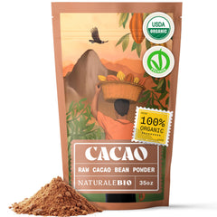NaturaleBio cacao powder jar on kitchen counter for baking and smoothies.