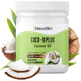 NaturalSlim Coconut Oil with CoQ10 bottle highlights metabolism support.