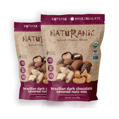Naturanic Brazilian dark chocolate covered nuts pack front, a keto-friendly, sugar-free snack option.