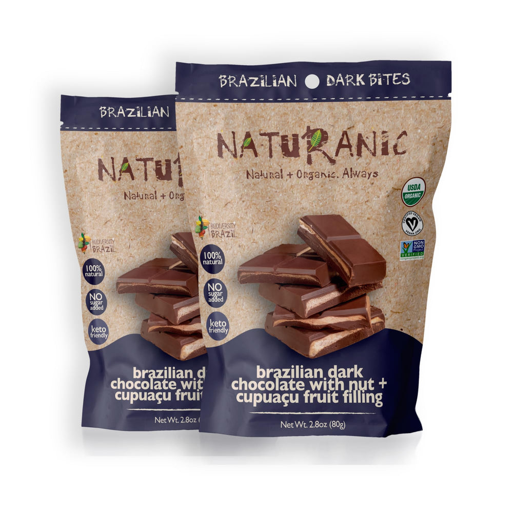 Naturanic dark chocolate bar with cupuacu filling and nuts, gourmet snack.