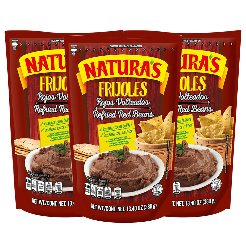 Natura's Refried Red Beans pouch close-up showing creamy texture for easy meals.