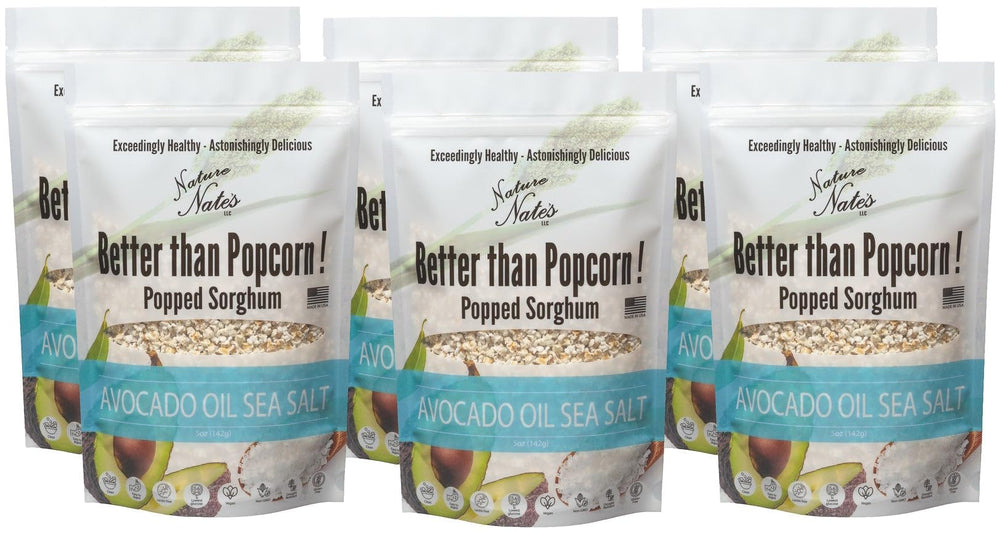 Nature Nate's popped sorghum with avocado oil and sea salt, a gluten-free snack option.