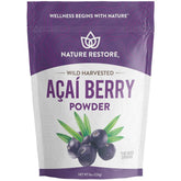 Nature Restore acai powder bag closeup highlighting wild harvest quality and freshness.
