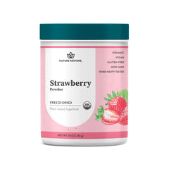 Nature Restore strawberry powder jar shows organic quality ideal for smoothies.