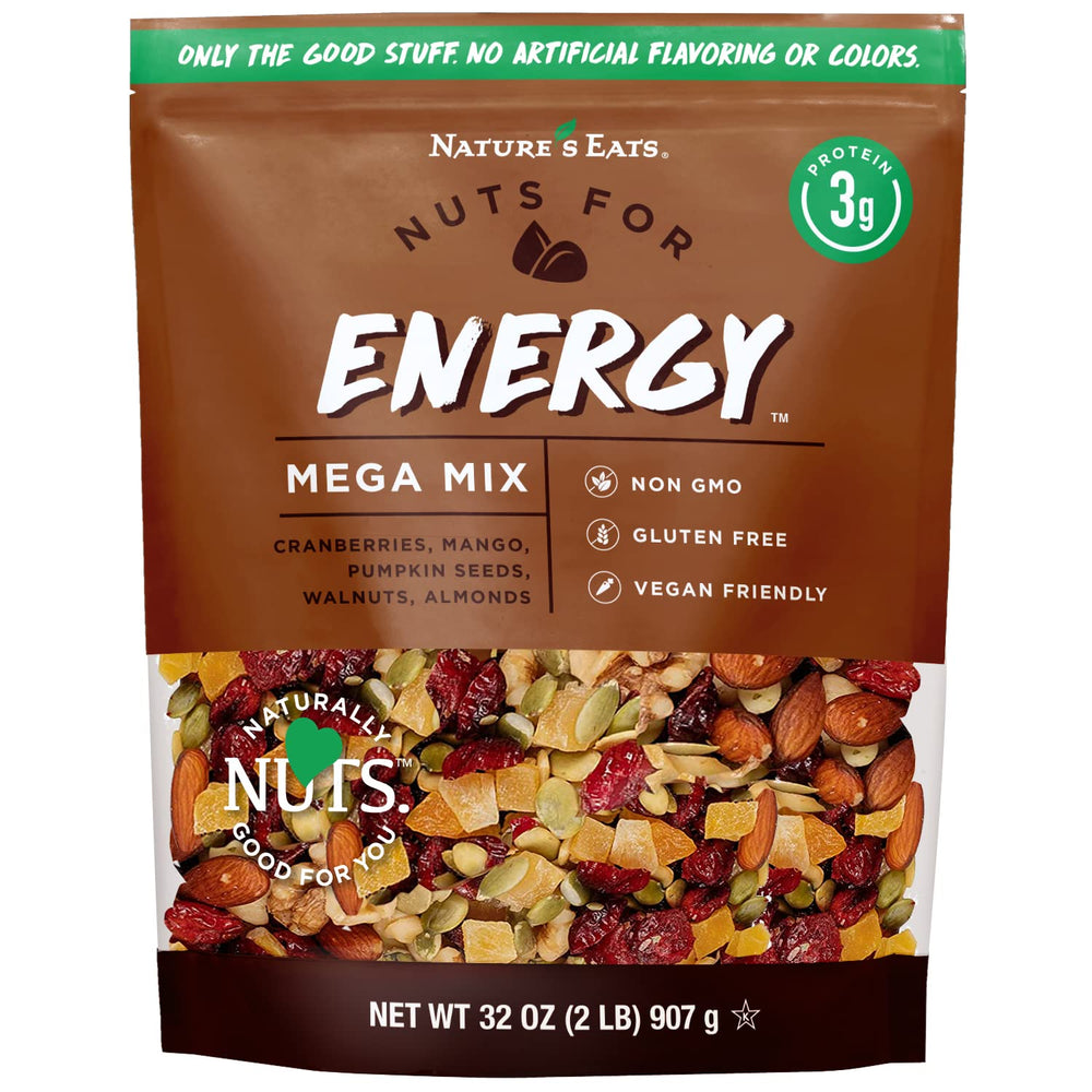 Nature's Eats Mega Trail Mix bag front view, gluten-free on-the-go snack for kids and adults.