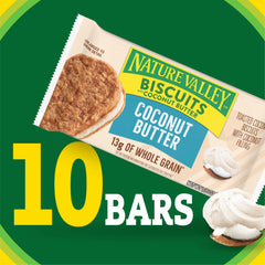 Nature Valley Coconut Butter Biscuit Sandwiches cross-section showing creamy coconut filling.
