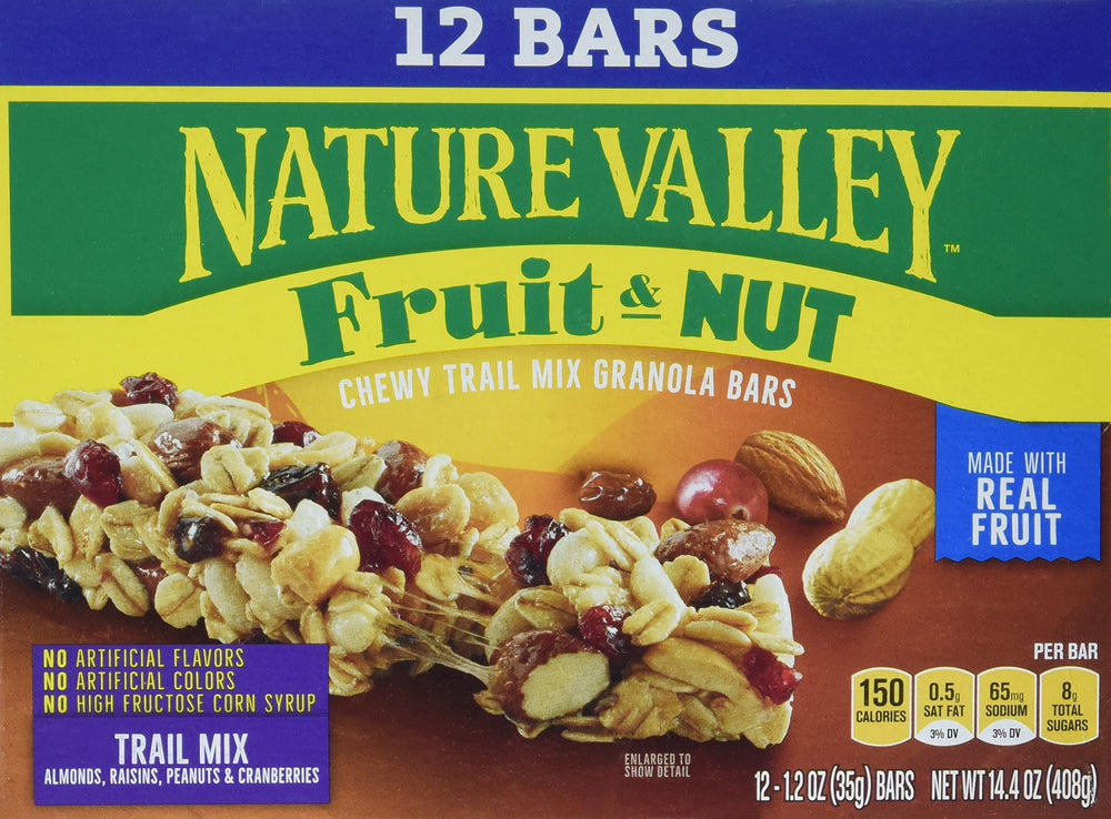 Nature Valley Chewy Fruit and Nut Bars in a 12-count box, ideal pantry snack.
