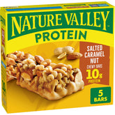 Nature Valley Chewy Protein Bars Salted Caramel Nut box front for quick protein on the go.
