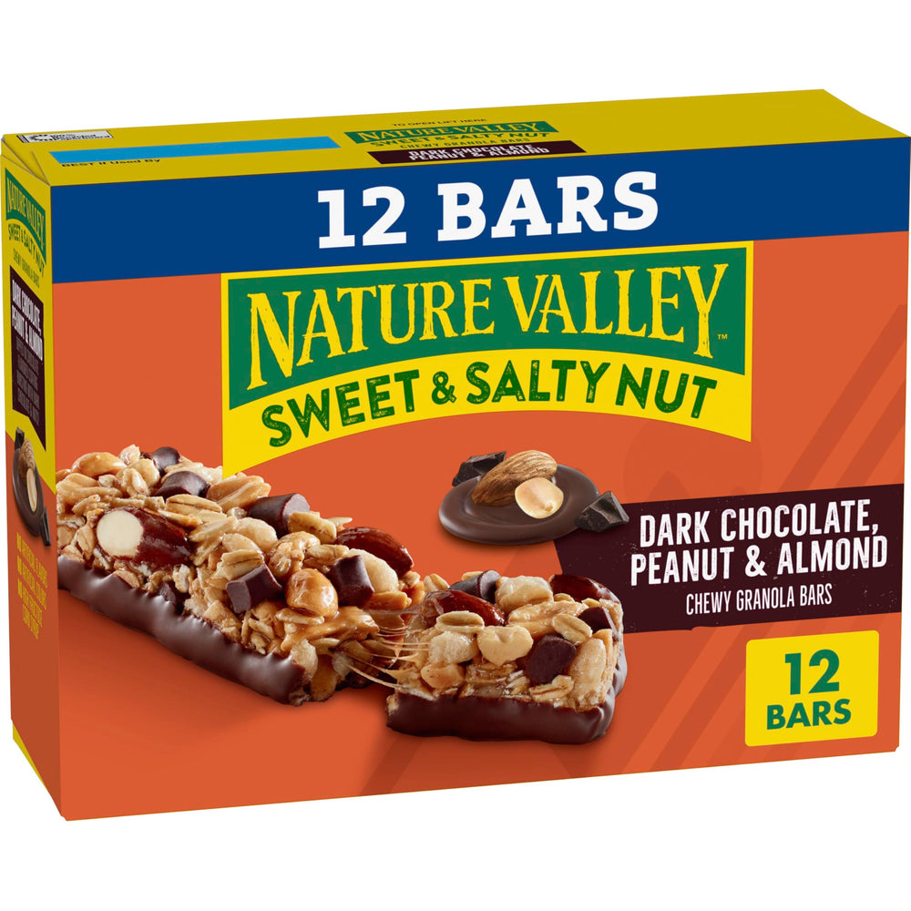 Nature Valley Dark Chocolate Peanut Almond bar close-up shows chewy texture
