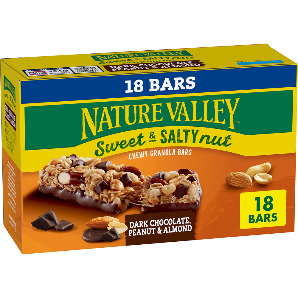 Nature Valley Dark Chocolate Peanut Almond Bars close-up with real chunks and nuts.