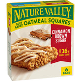 Nature Valley Soft-Baked Oatmeal Squares Cinnamon Brown Sugar box shown, portable breakfast option.