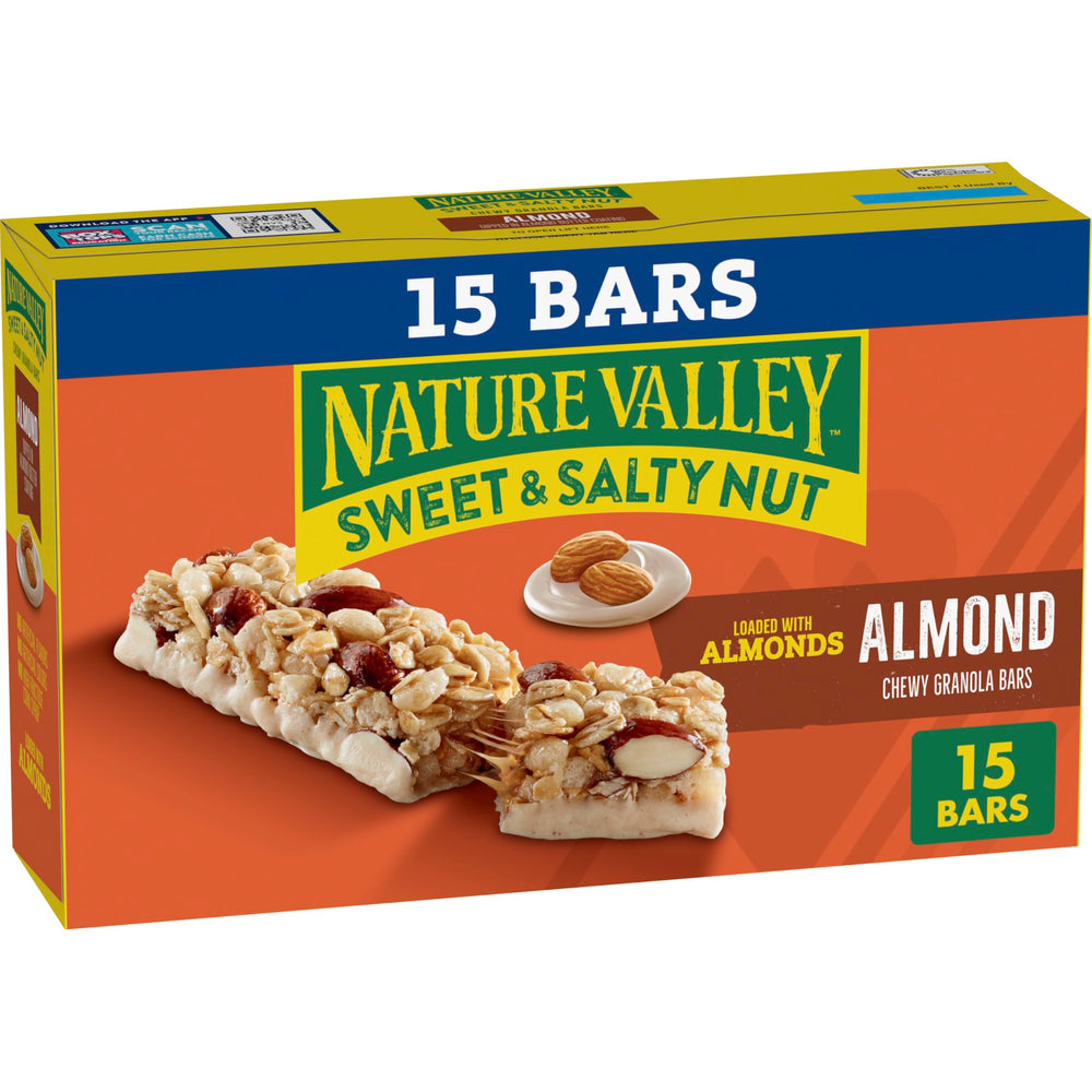 Nature Valley Sweet and Salty Nut Almond bars on shelf for quick snacking.